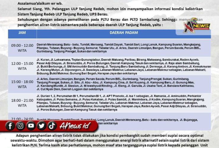 Jadwal Pemadaman Tentatif 7 Hari di Berau, PLN Tetap Maksimalkan Pasokan Listrik